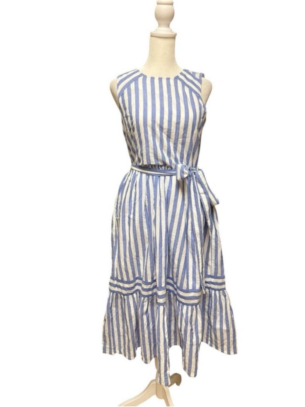 J.Crew Blue White Stripe Cotton Midi Dress Tie Waist Sleeveless Size 4